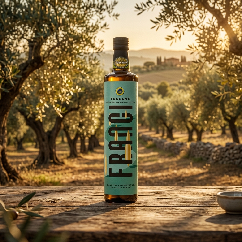 Botella Toscano IGP en el campo de olivos italiano